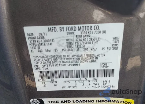 2011 Ford F-150 Xlt from USA, damaged, VIN 1FTFW1ET0BFD14961
